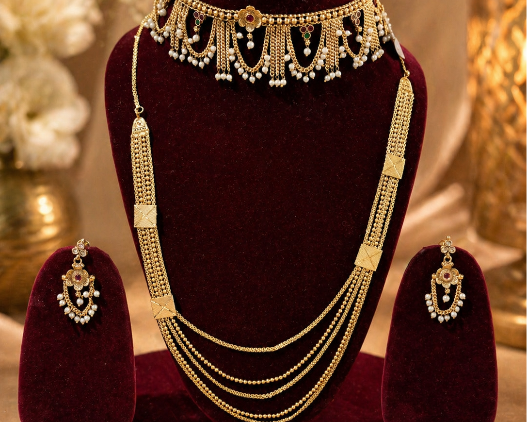 Gold necklace and earrings set on a red velvet stand with a soft background