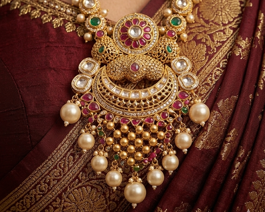 Ornate gold necklace with pearls and gemstones on a maroon saree.
