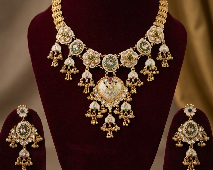 Ornate gold necklace with green gemstones on a dark background