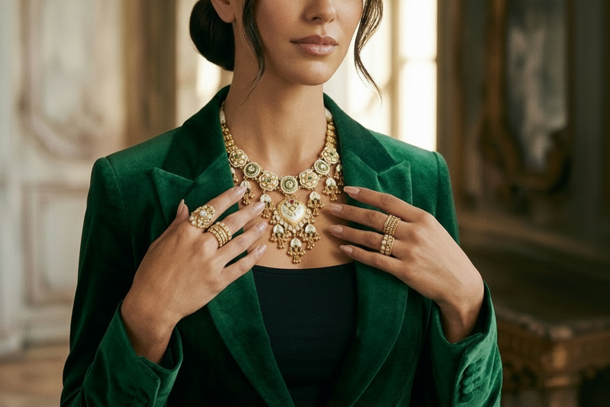 Woman wearing a green suit and gold jewelry in an elegant setting